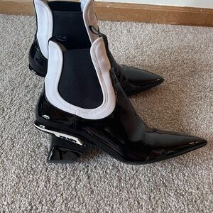 Prada Black and White Patent Leather Ankle Boots